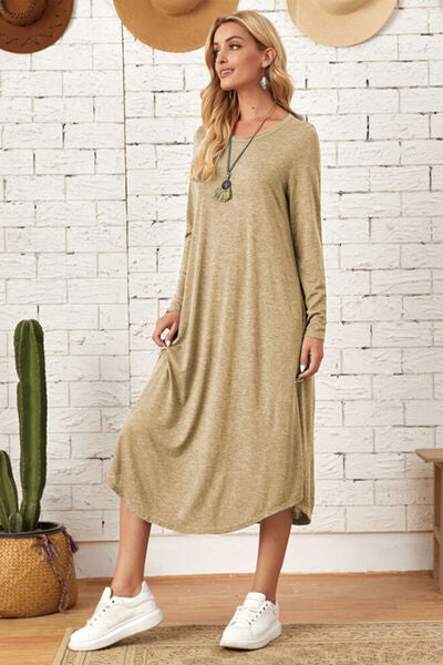 Pocketed Round Neck Long Sleeve Tee Dress - AllIn Computer