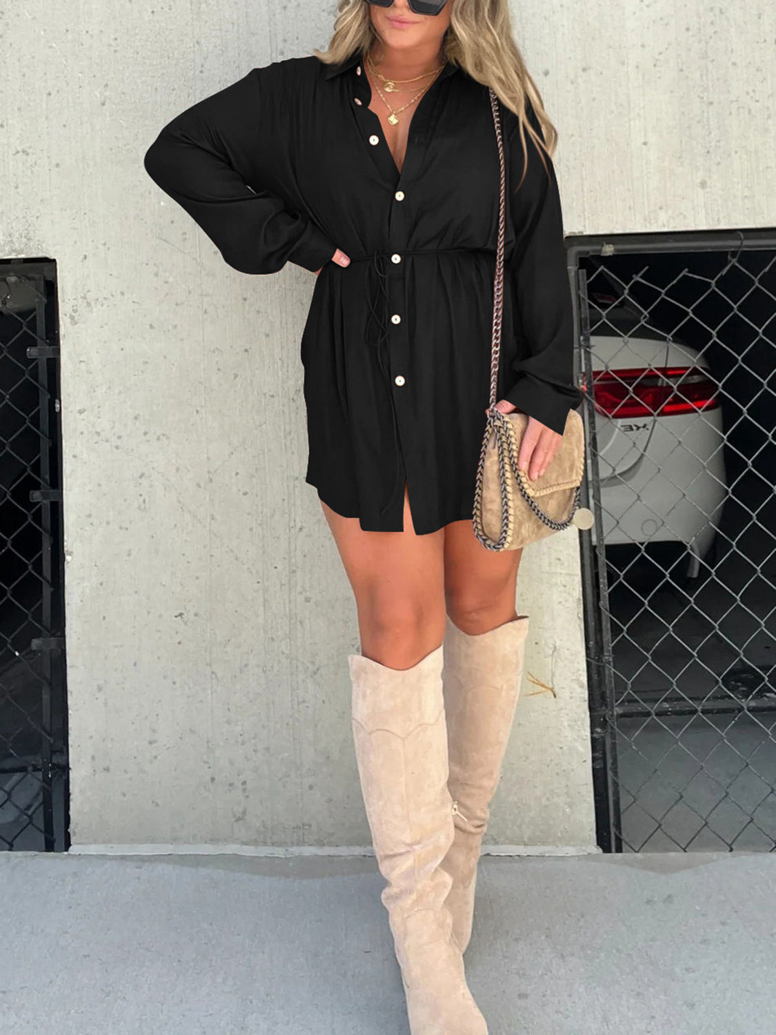 Button Up Long Sleeve Slit Shirt and Shorts Set - AllIn Computer