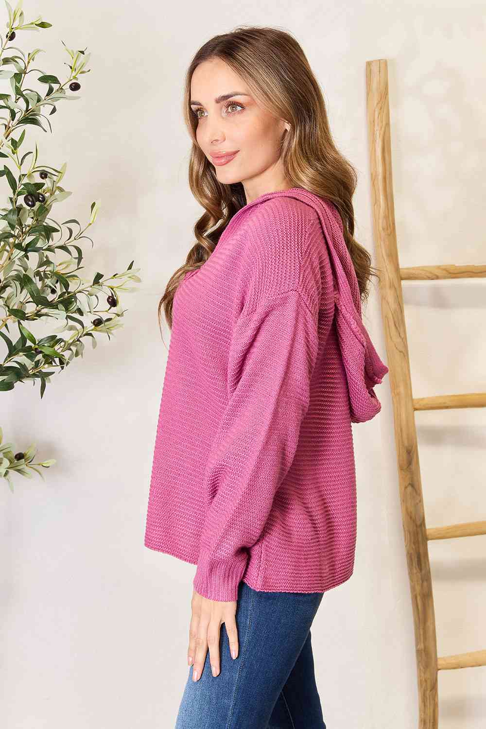 Double Take Ribbed Fringed V-Neck Hooded Sweater - AllIn Computer