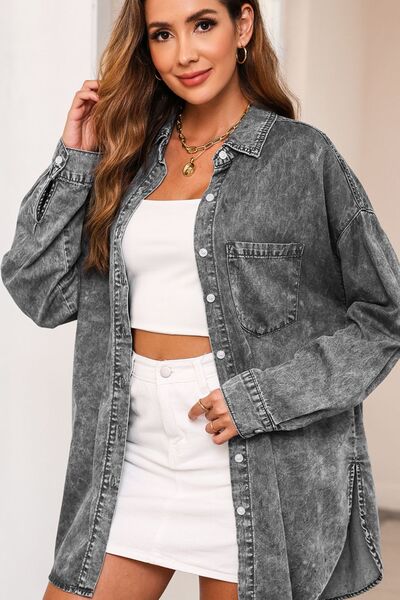 Button Up Dropped Shoulder Denim Top - AllIn Computer