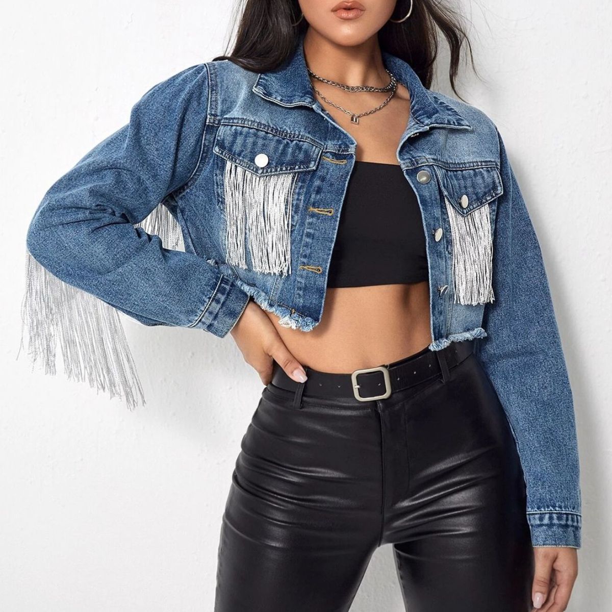 Fringe Detail Long Sleeve Cropped Denim Jacket - AllIn Computer