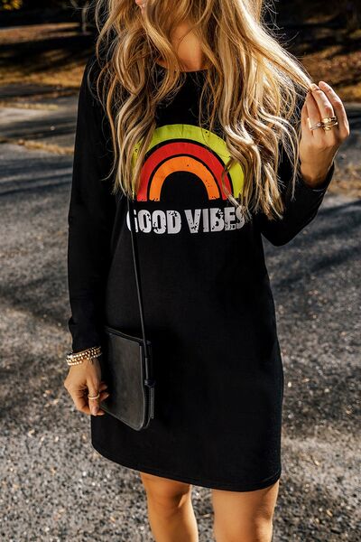 GOOD VIBES Round Neck Long Sleeve Dress - AllIn Computer