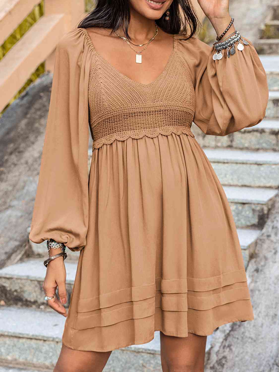 Crochet V-Neck Balloon Sleeve Dress - AllIn Computer
