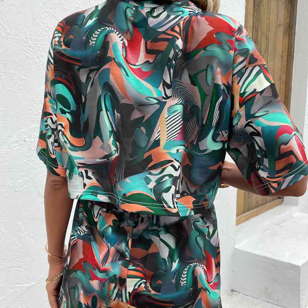 Printed Round Neck Dropped Shoulder Half Sleeve Top and Shorts Set - AllIn Computer