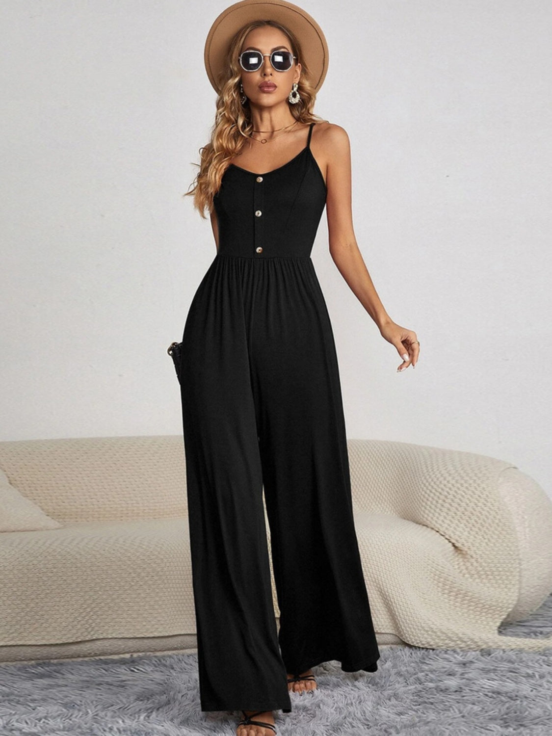 Decorative Button Spaghetti Strap Wide Leg Jumpsuit - AllIn Computer