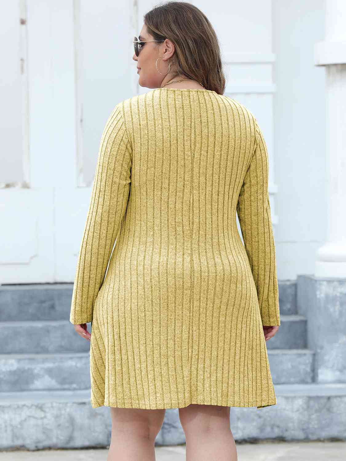 Plus Size Ribbed Buttoned V-Neck Long Sleeve Dress - AllIn Computer
