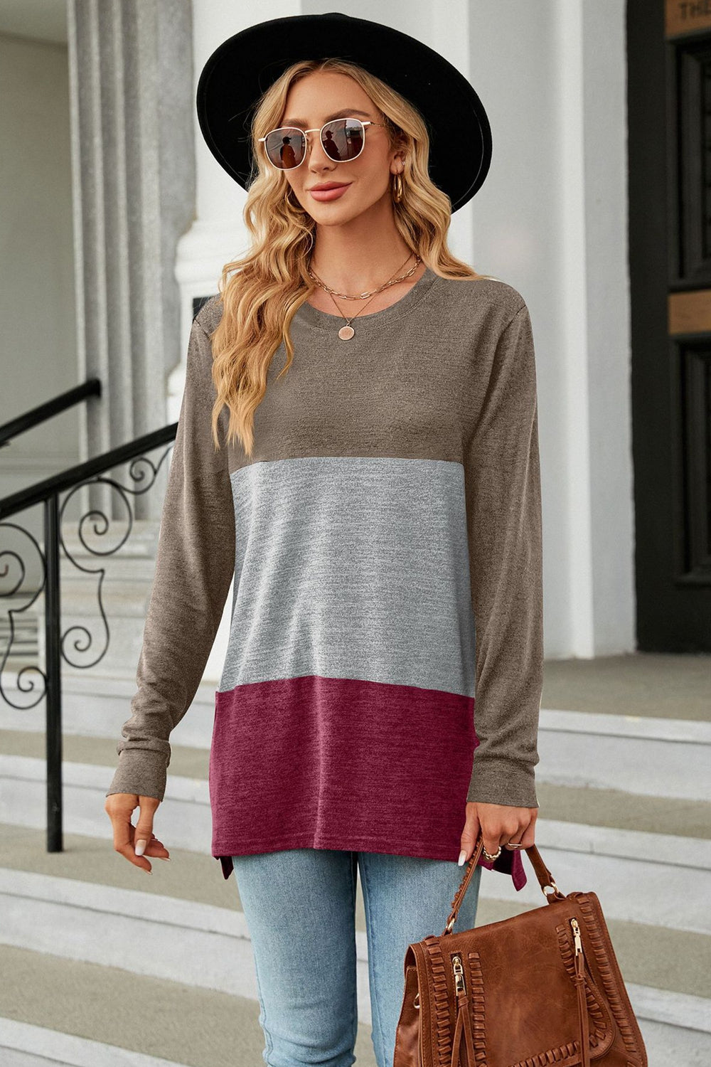 Color Block Round Neck Long Sleeve Slit T-Shirt - AllIn Computer
