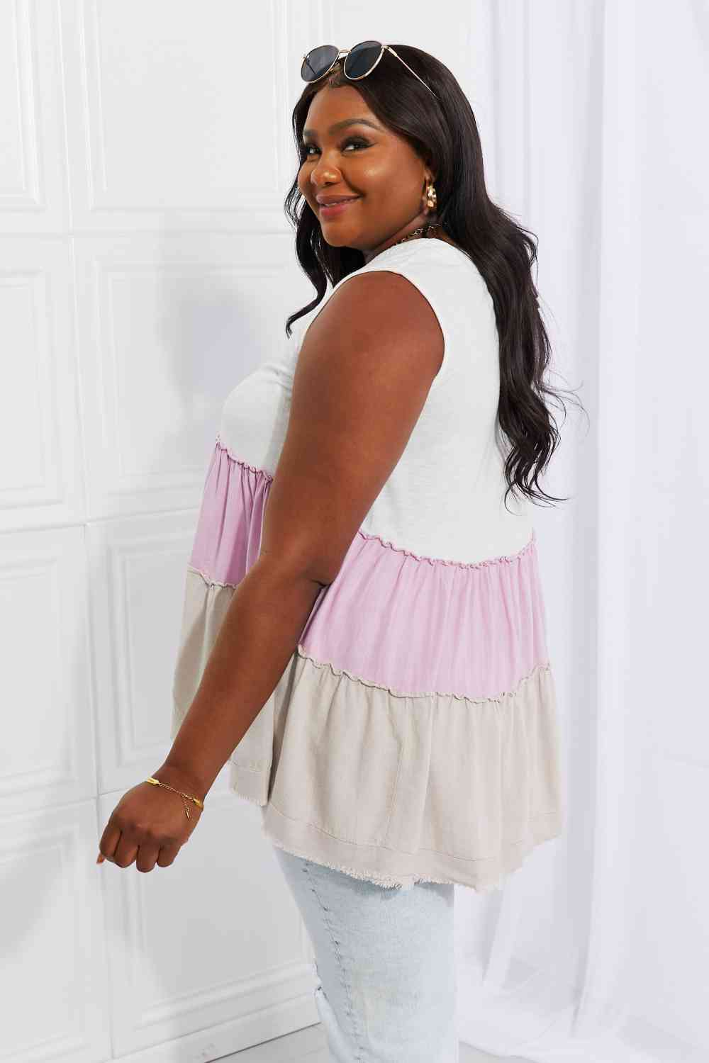 White Birch Full Size Watching the Sunset Color Block Babydoll Top - AllIn Computer