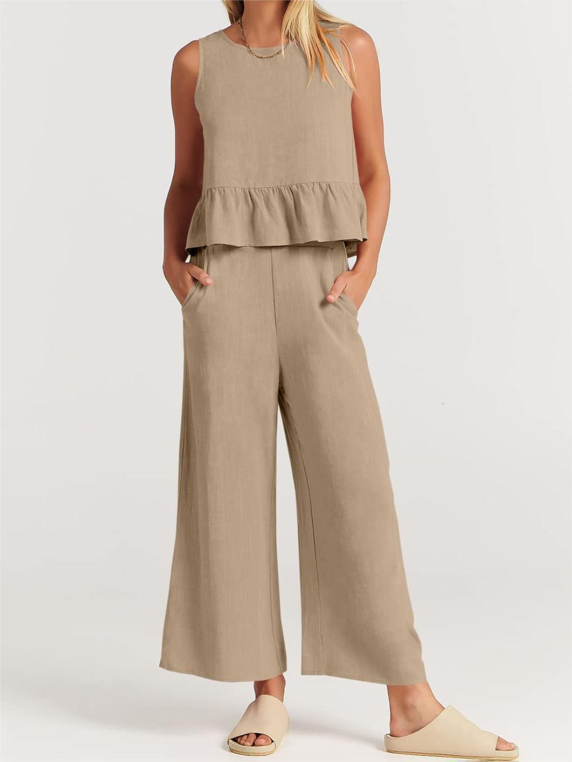 Full Size Round Neck Top and Wide Leg Pants Set - AllIn Computer