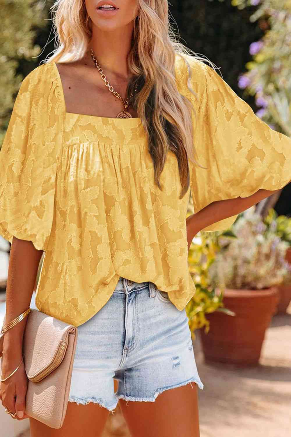 Square Neck Puff Sleeve Blouse - AllIn Computer