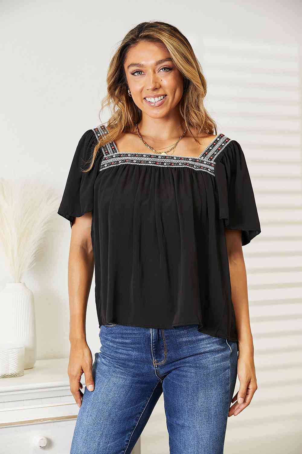 Double Take Contrast Square Neck Puff Sleeve Blouse - AllIn Computer