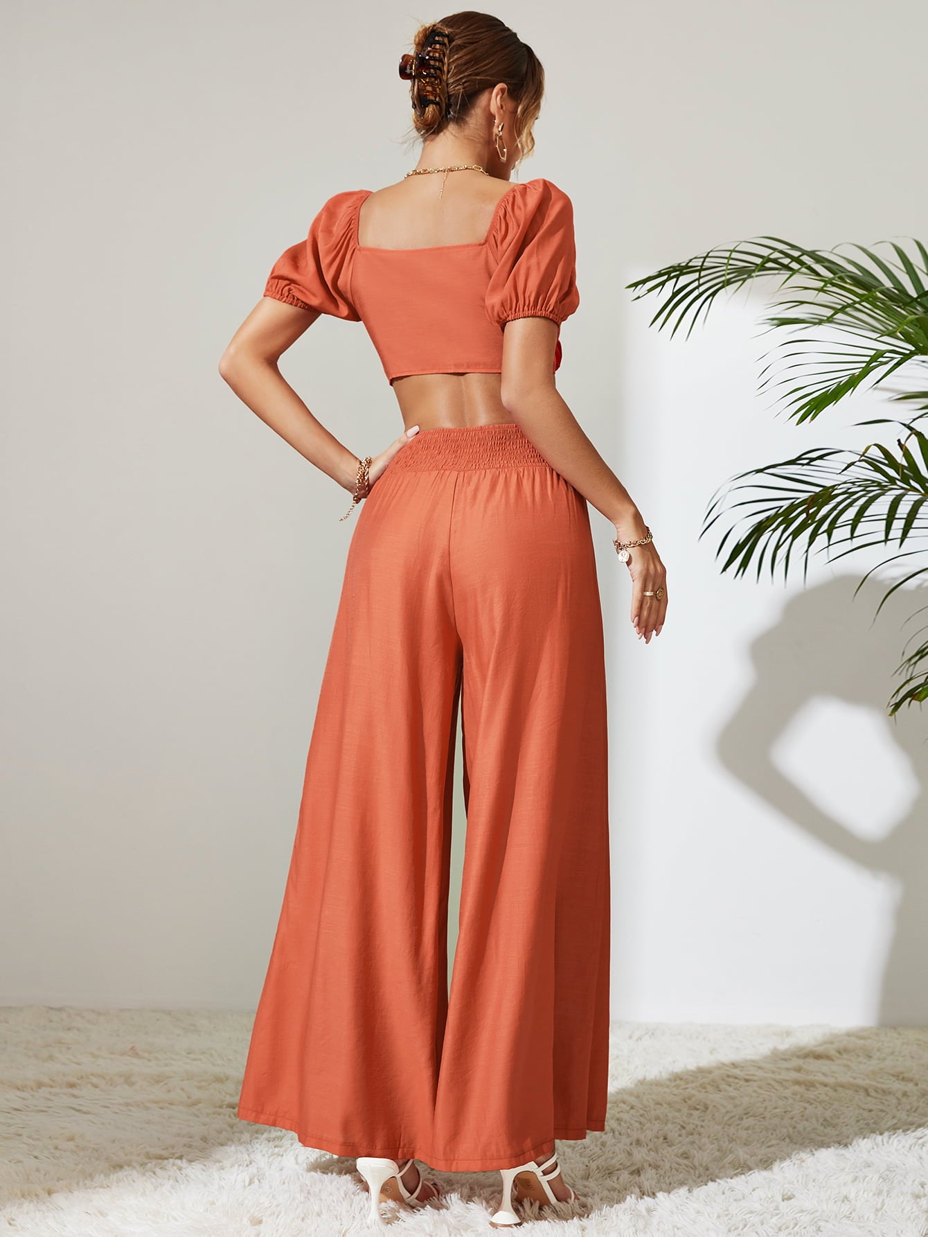Tie Front Cropped Top and Smocked Wide Leg Pants Set - AllIn Computer