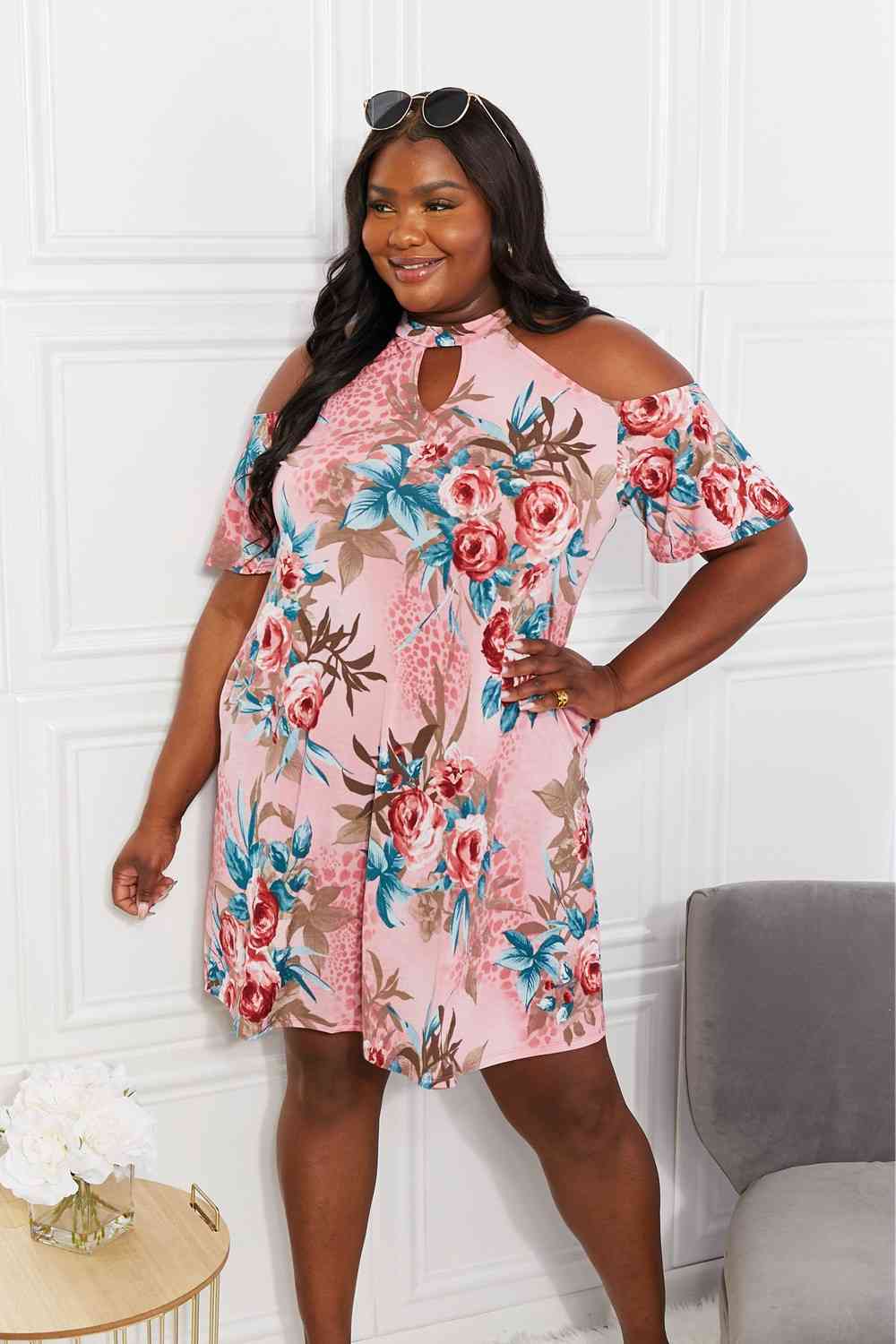 Sew In Love Full Size Fresh-Cut Flowers Cold-Shoulder Dress - AllIn Computer