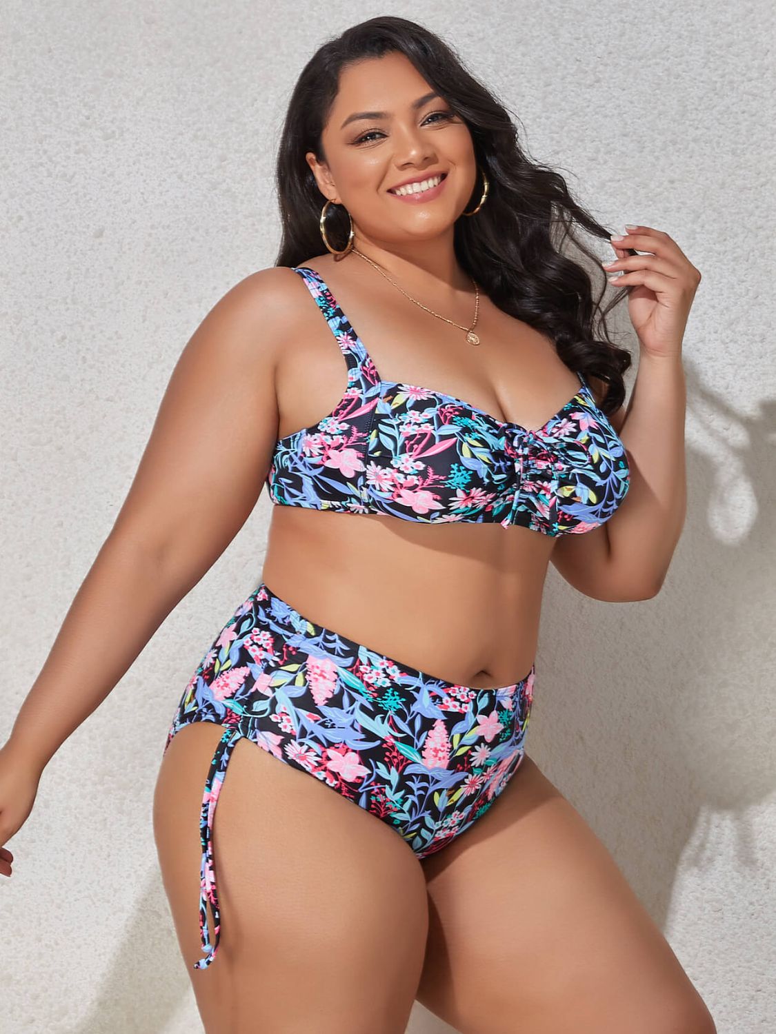 Plus Size Printed Drawstring Detail Bikini Set - AllIn Computer