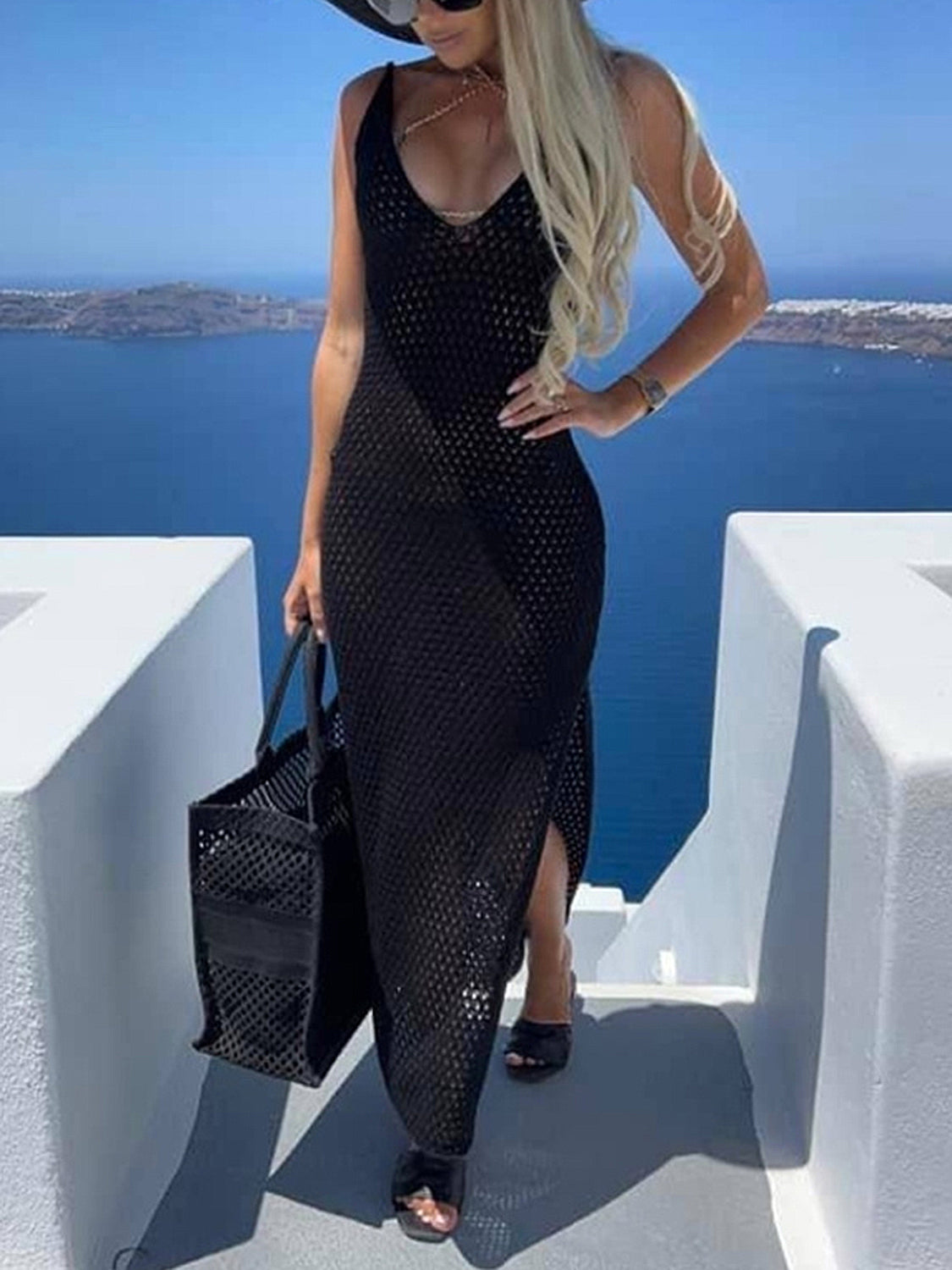 Slit Openwork V-Neck Sleeveless Cover Up - AllIn Computer