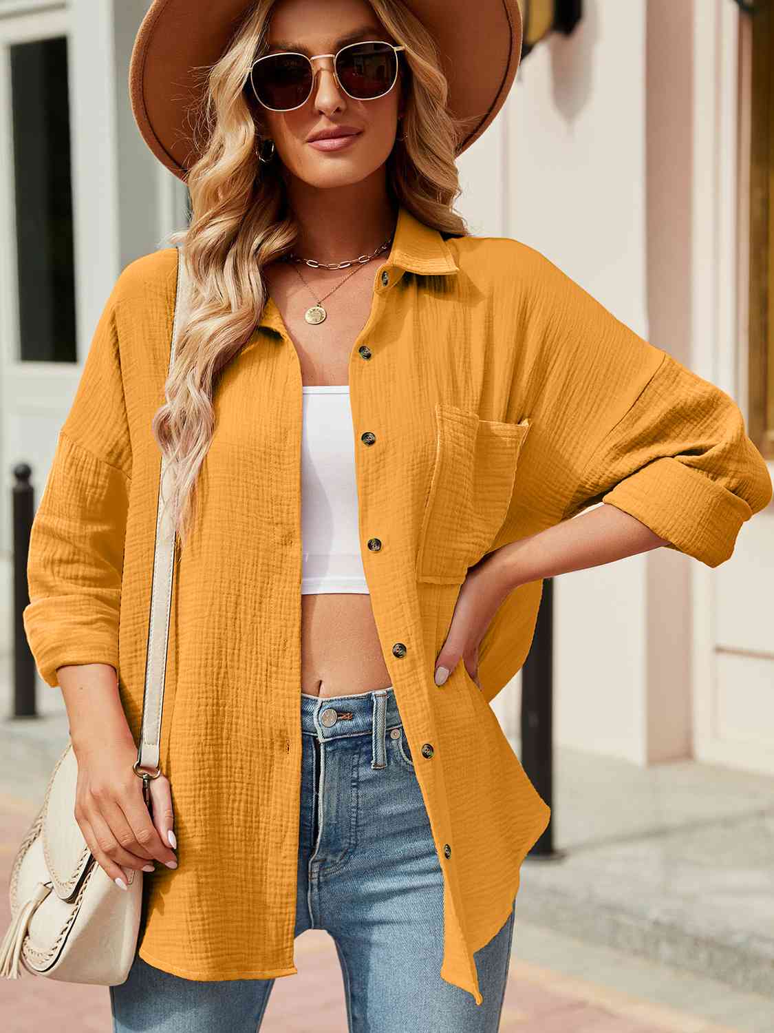 Button Up Collared Neck Drop Shoulder Shirt - AllIn Computer