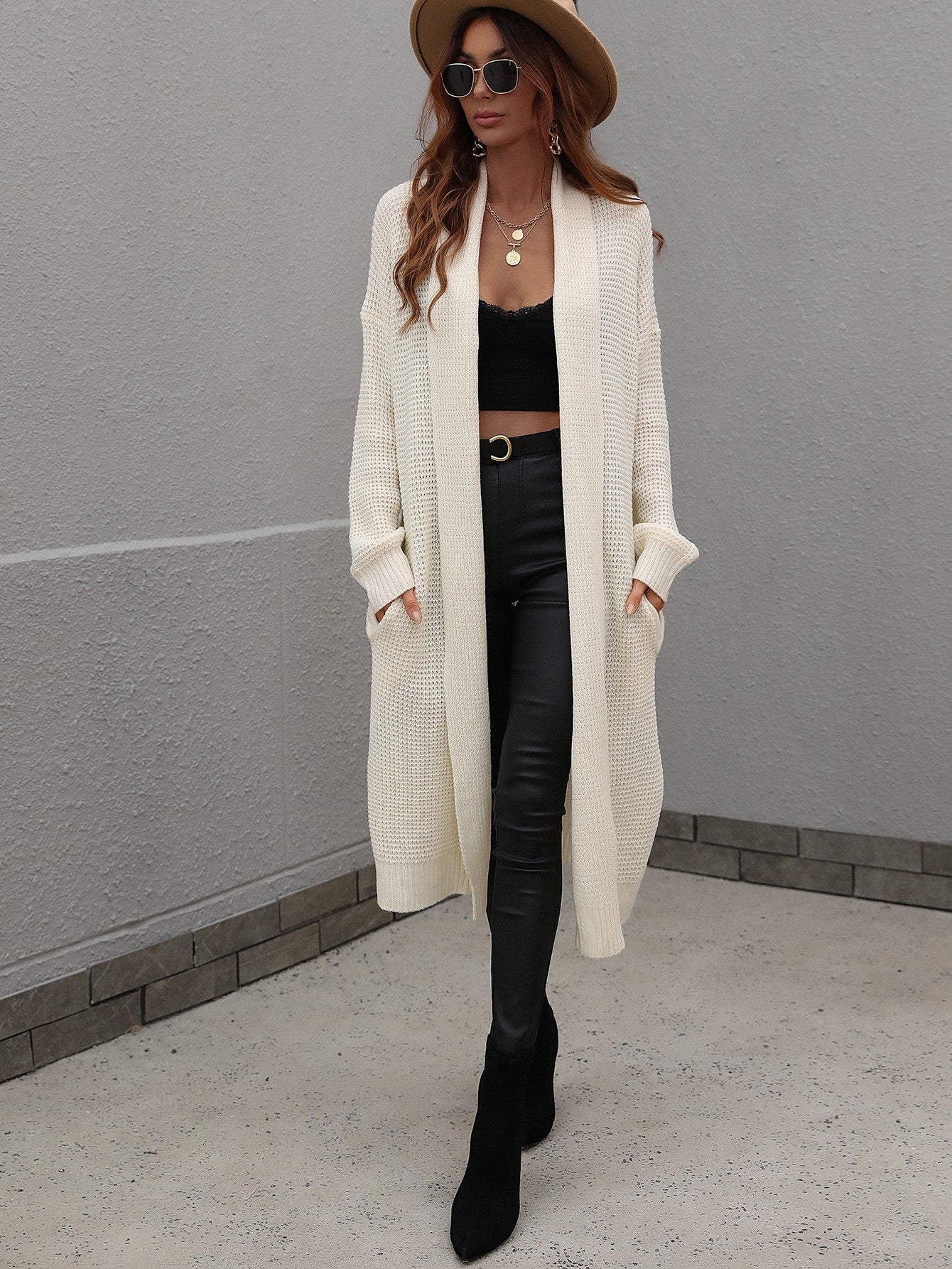 Double Take Waffle Knit Open Front Duster Cardigan With Pockets - AllIn Computer