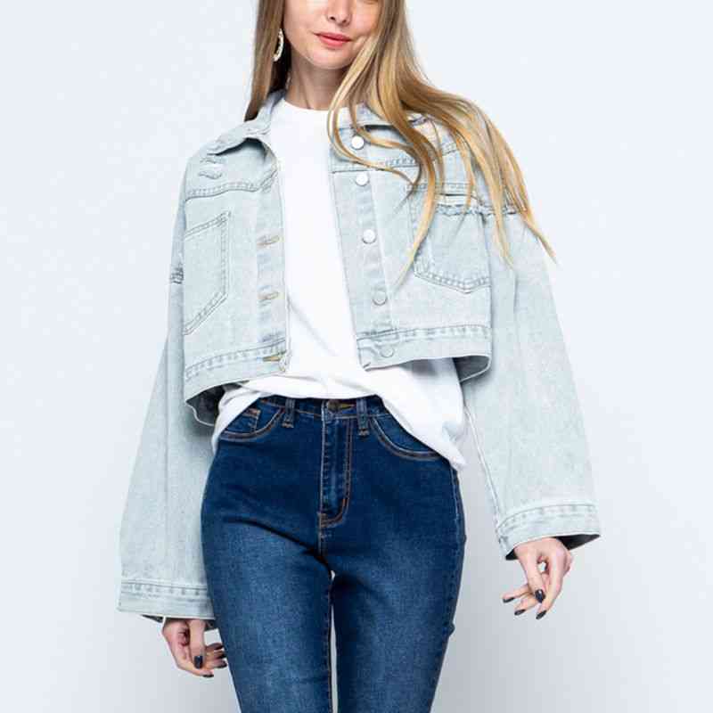 Cropped Collared Neck Dropped Shoulder Denim Jacket - AllIn Computer