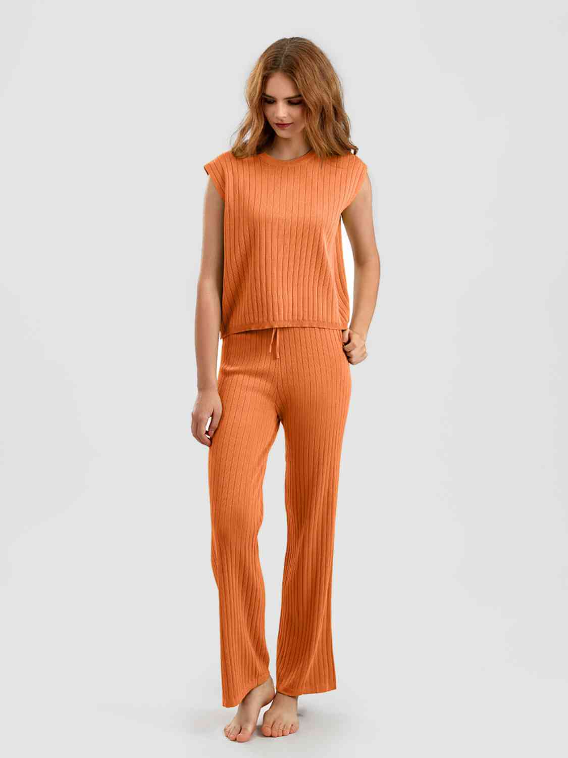 Ribbed Sweater Vest and Drawstring Knit Pants Set - AllIn Computer