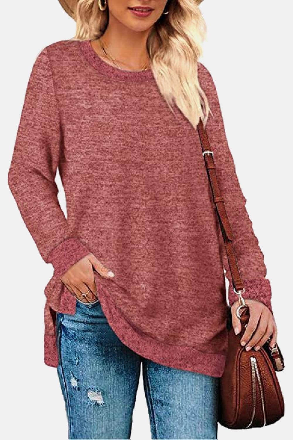 Round Neck Long Sleeve Slit T-Shirt - AllIn Computer