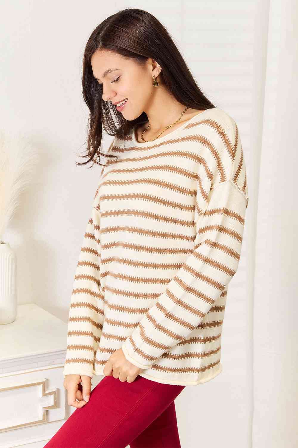 Double Take Striped Boat Neck Sweater - AllIn Computer