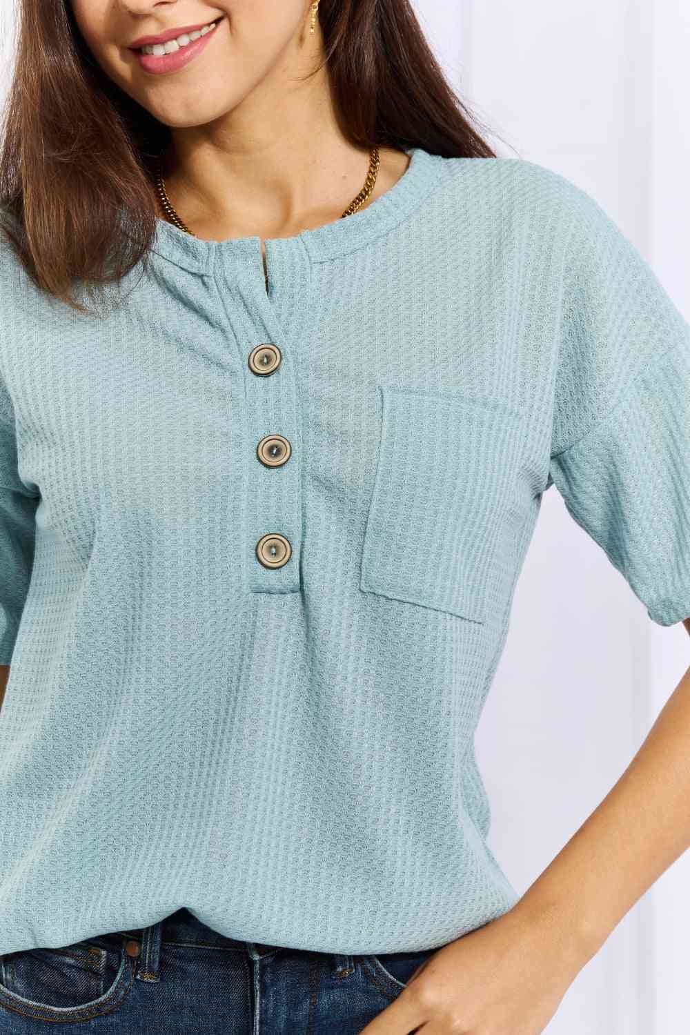 Heimish Made For You Full Size 1/4 Button Down Waffle Top in Blue - AllIn Computer