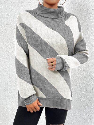 Striped Turtleneck Dropped Shoulder Sweater - AllIn Computer
