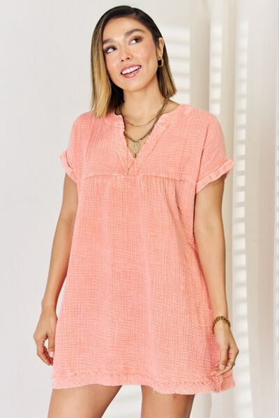 Zenana Washed Nochted Rolled Short Sleeve Dress - AllIn Computer