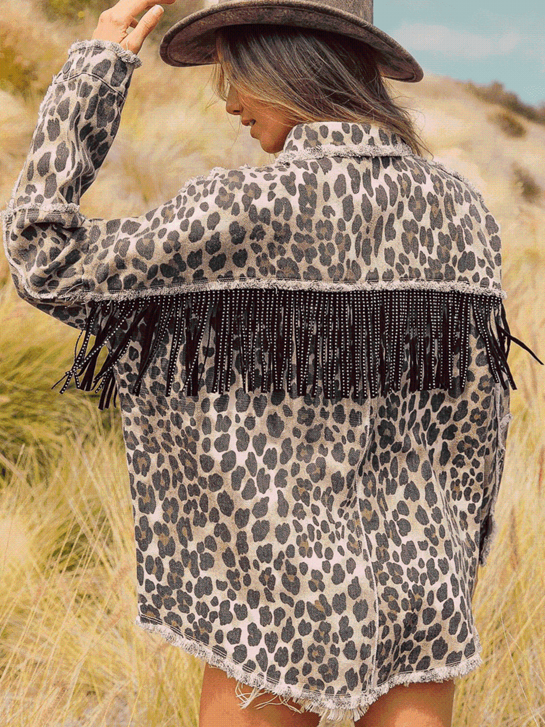 Leopard Fringe Detail Collared Neck Denim Jacket - AllIn Computer