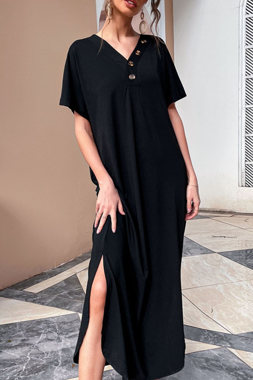 Decorative Button V-Neck Slit Maxi Dress - AllIn Computer