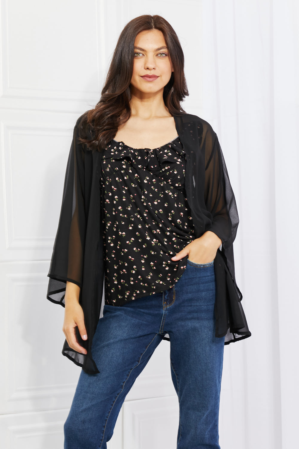 Melody Just Breathe Full Size Chiffon Kimono in Black - AllIn Computer