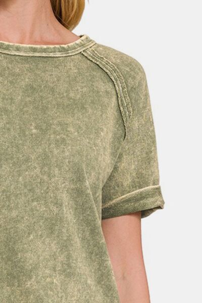 Zenana Heathered Round Neck Short Sleeve Blouse - AllIn Computer