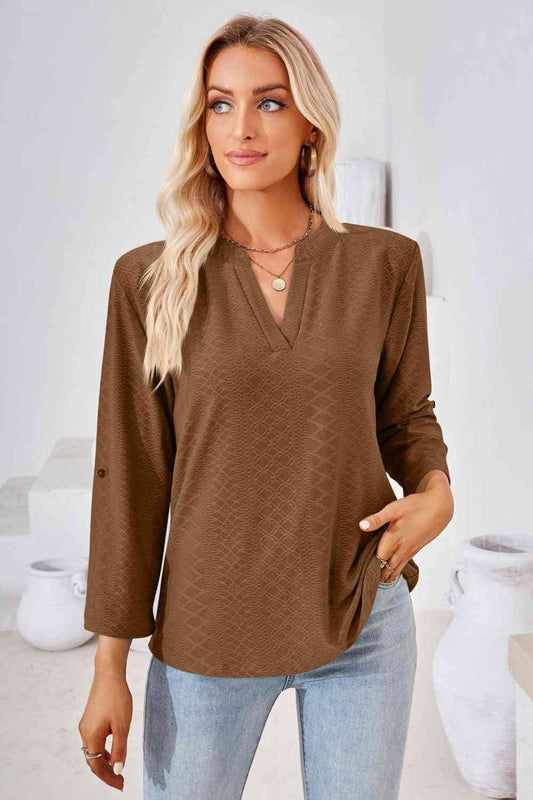 V-Neck Roll-Tap Sleeve Blouse - AllIn Computer