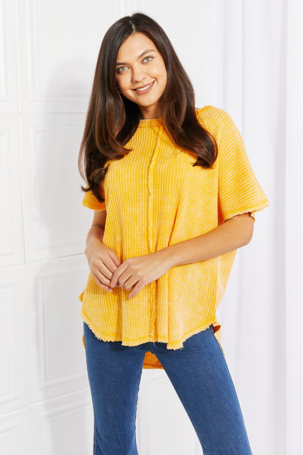 Zenana Start Small Washed Waffle Knit Top in Yellow Gold - AllIn Computer