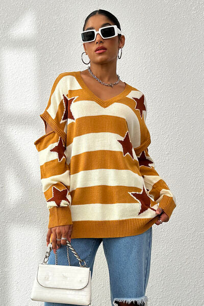 Star Pattern V-Neck Cutout Sweater - AllIn Computer