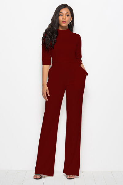 Mock Neck Tie-Waist Half Sleeve Jumpsuit - AllIn Computer