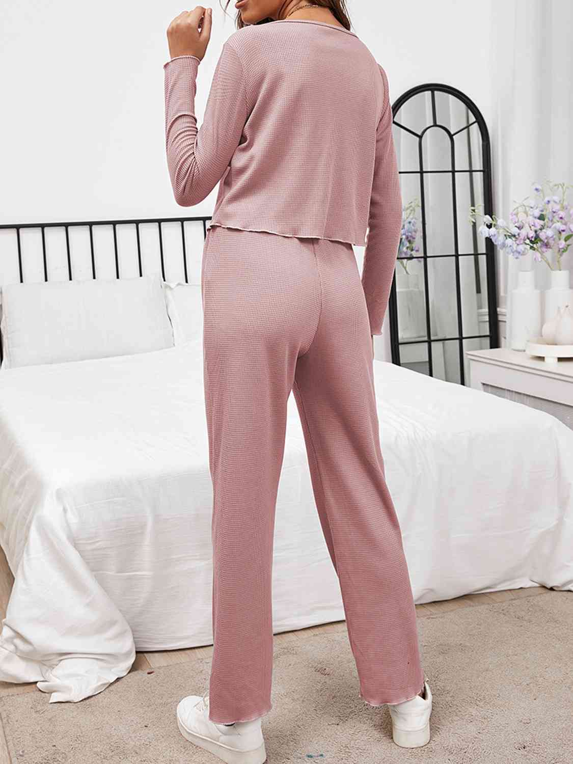 Button Front Long Sleeve Top and Pants Lounge Set - AllIn Computer