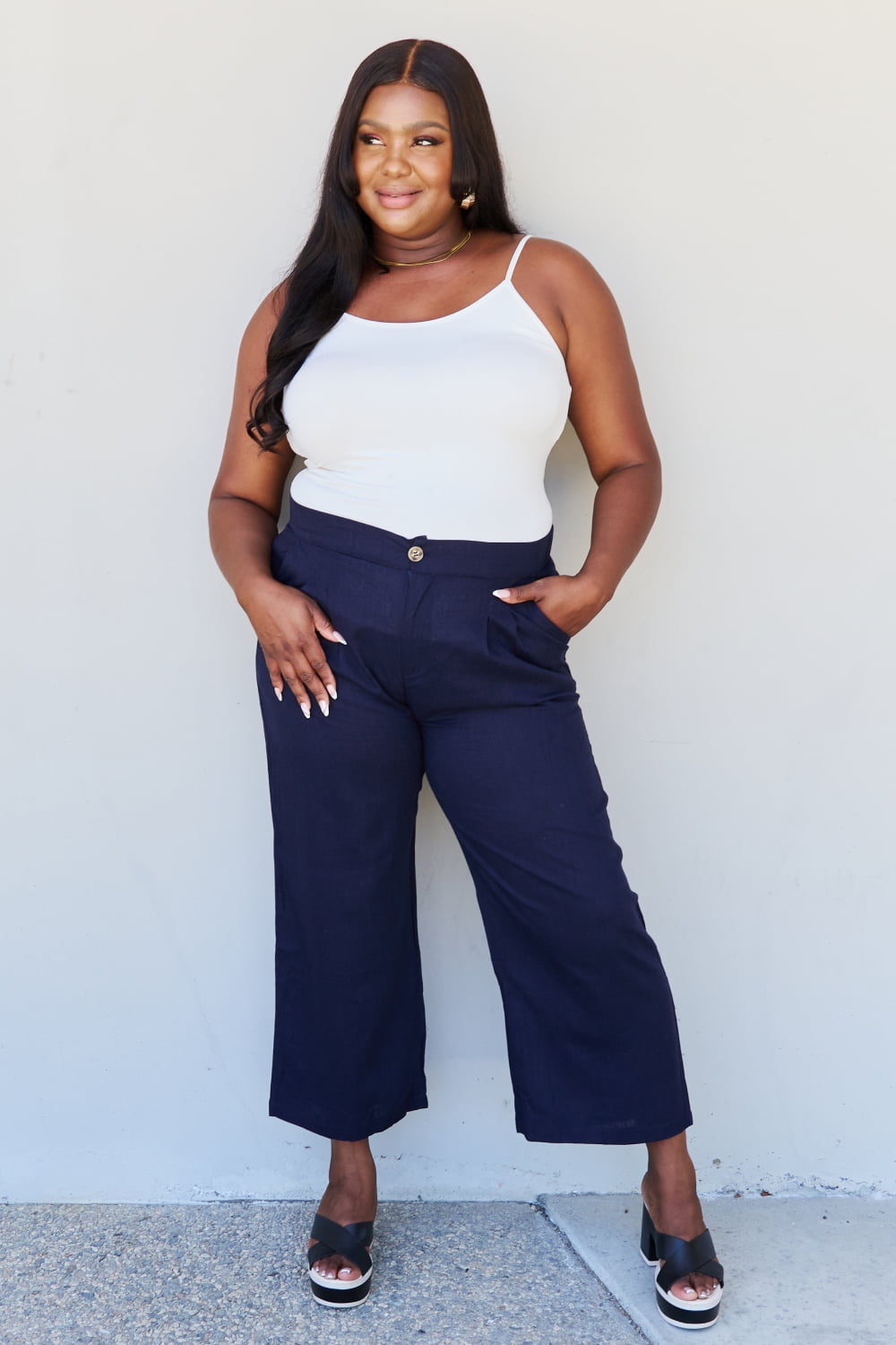 And The Why In The Mix Full Size Pleated Detail Linen Pants in Dark Navy - AllIn Computer