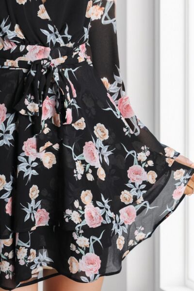 Printed Surplice Balloon Sleeve Mini Dress - AllIn Computer