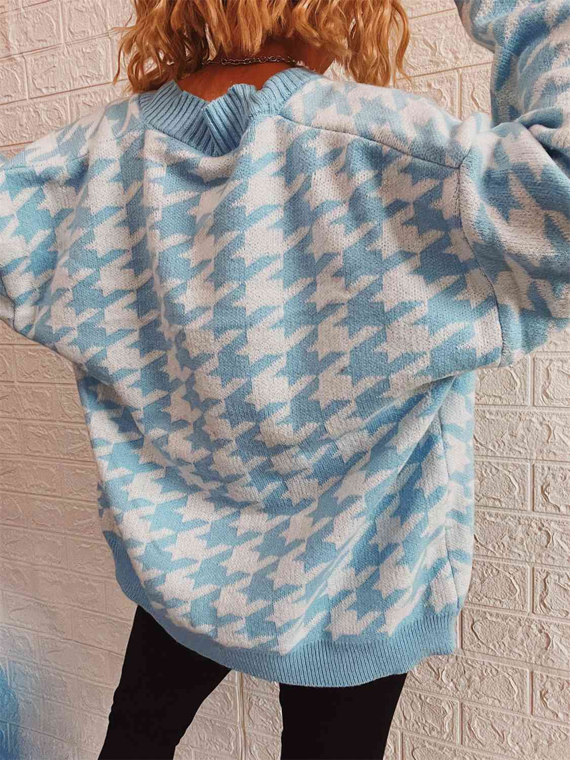 Houndstooth Botton Front  Cardigan with Pockets - AllIn Computer