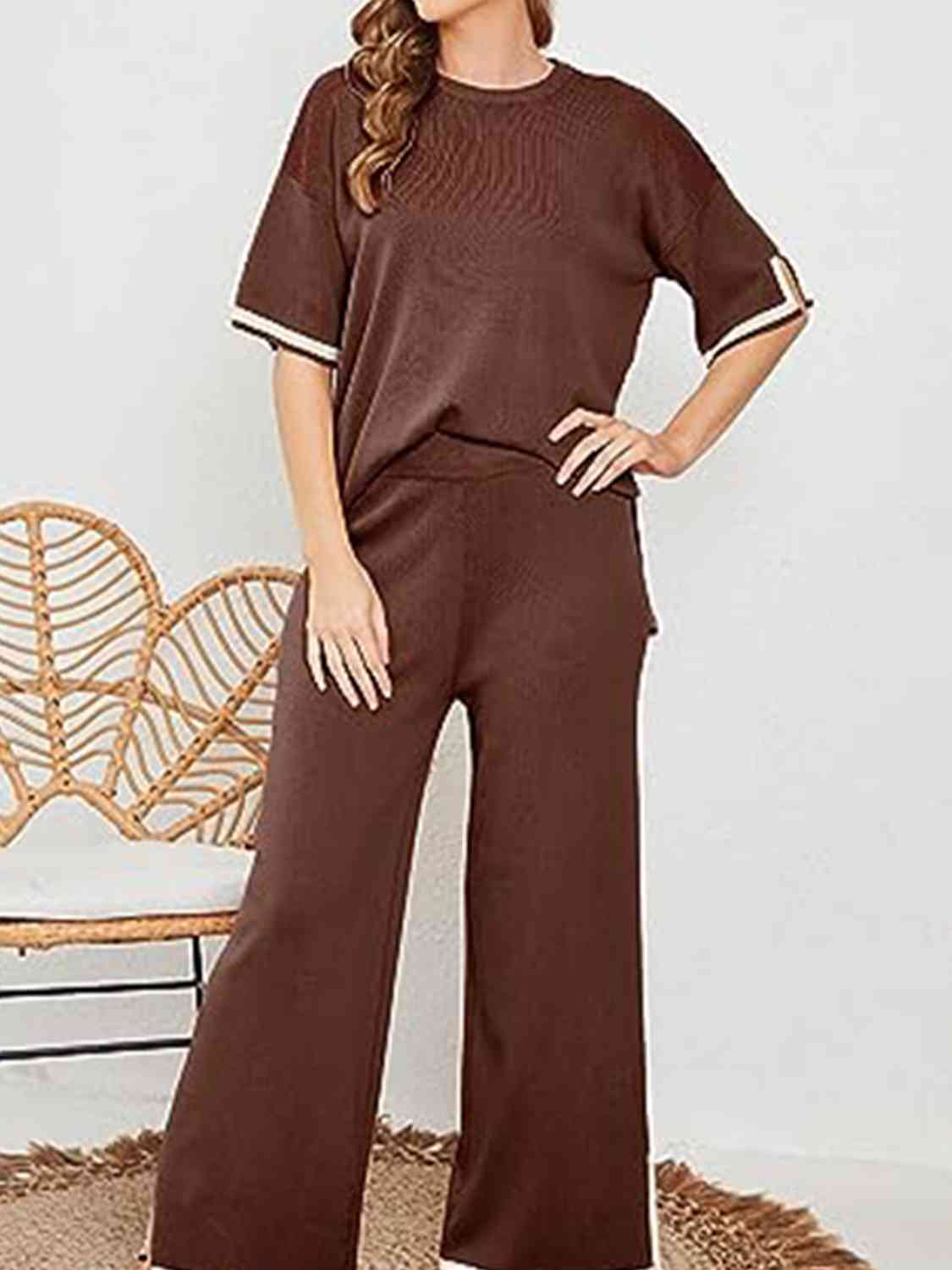 Contrast High-Low Sweater and Knit Pants Set - AllIn Computer