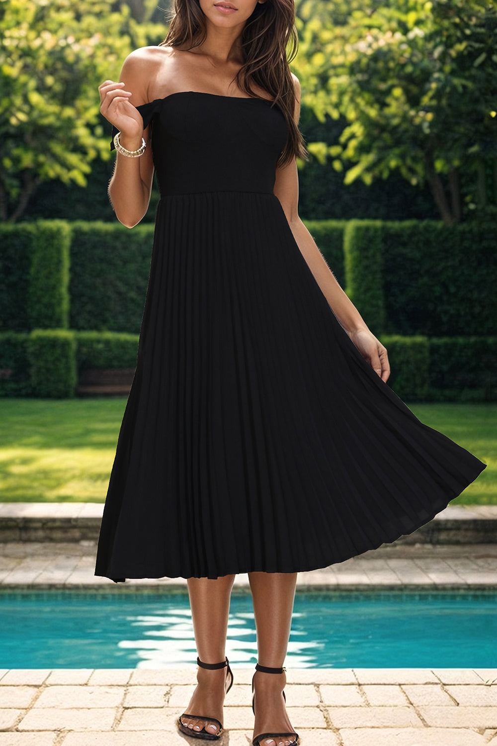 Pleated Off-Shoulder Midi Dress - AllIn Computer