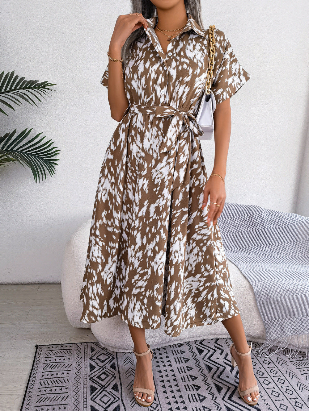 Printed Collared Neck Short Sleeve Tie Waist Dress - AllIn Computer