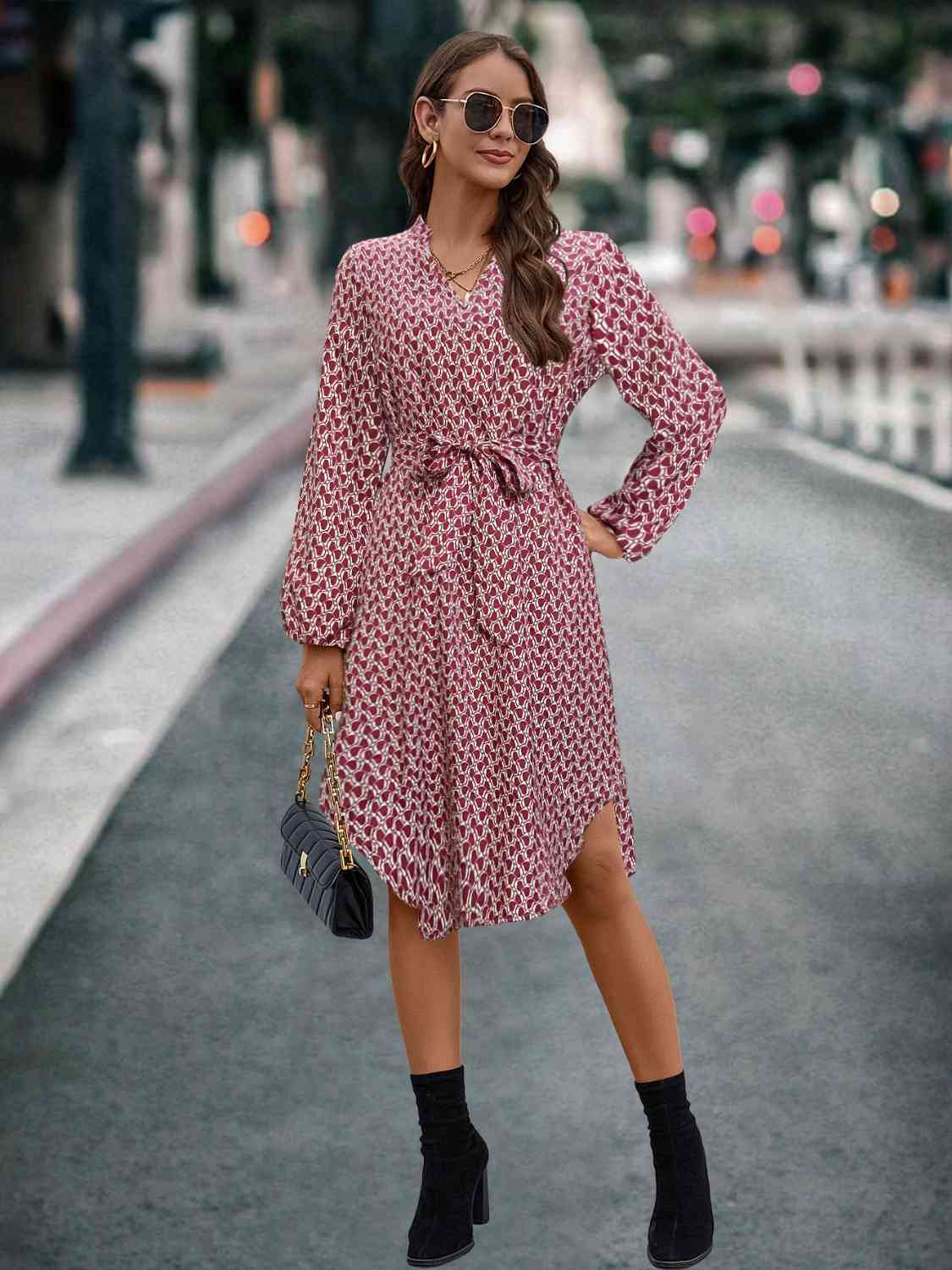 Printed Notched Tie Front Long Sleeve Dress - AllIn Computer