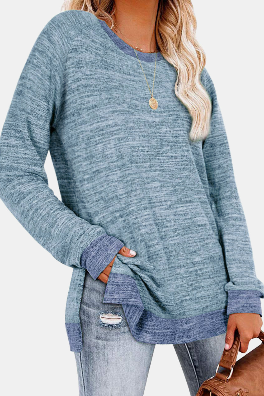 Round Neck Long Sleeve Slit T-Shirt - AllIn Computer