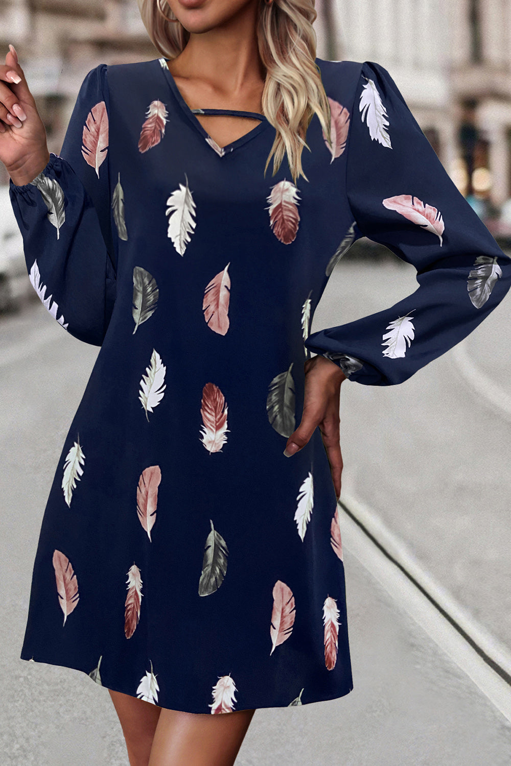 Feather Print V-Neck Dress - AllIn Computer