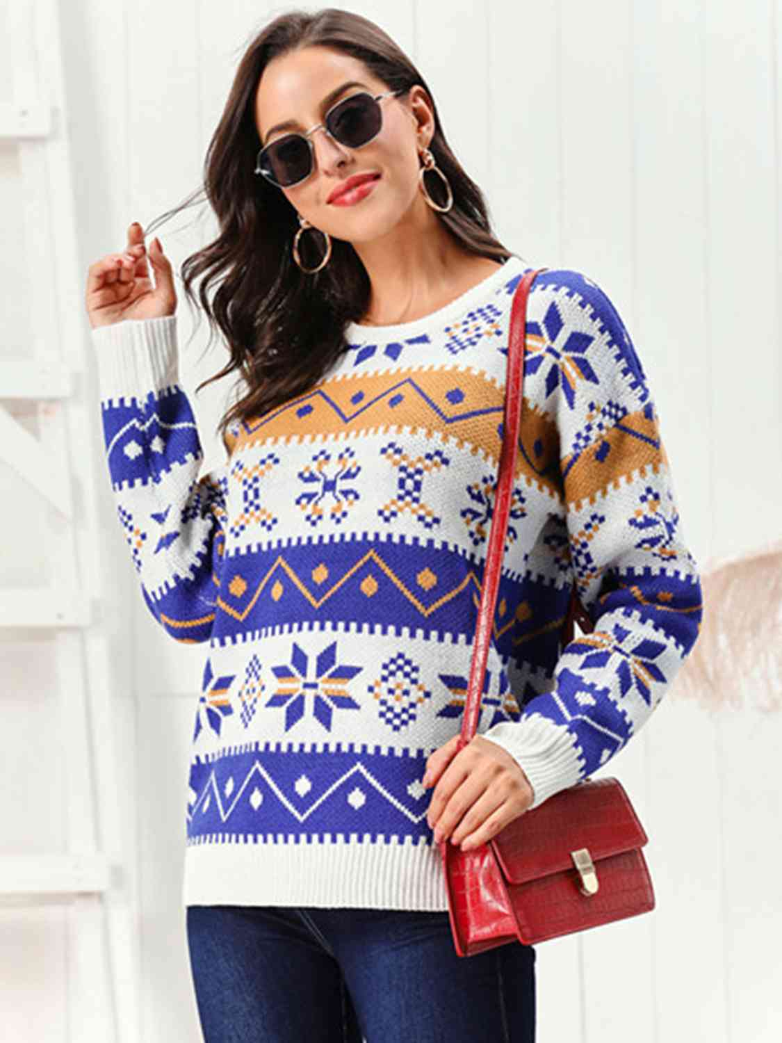 Snowflake Pattern Round Neck Sweater - AllIn Computer