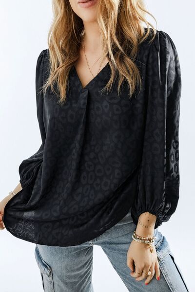 Leopard V-Neck Balloon Sleeve Blouse - AllIn Computer