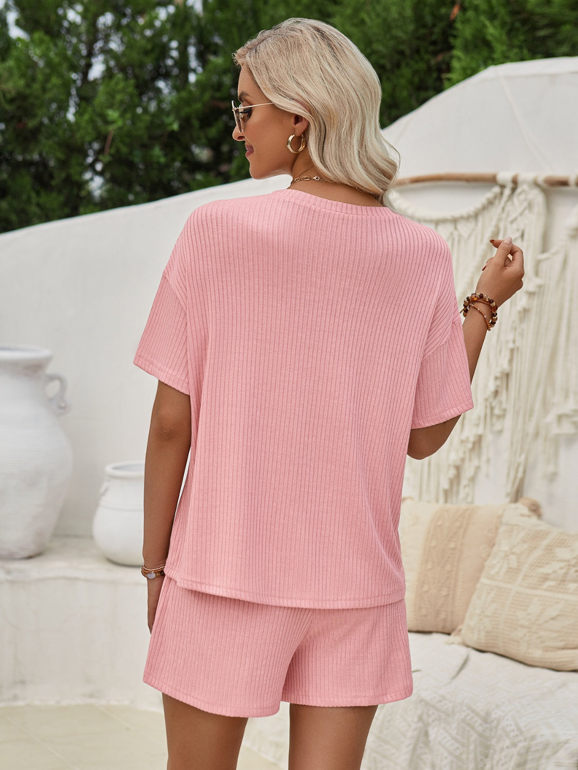 Ribbed Round Neck Top and Shorts Set - AllIn Computer