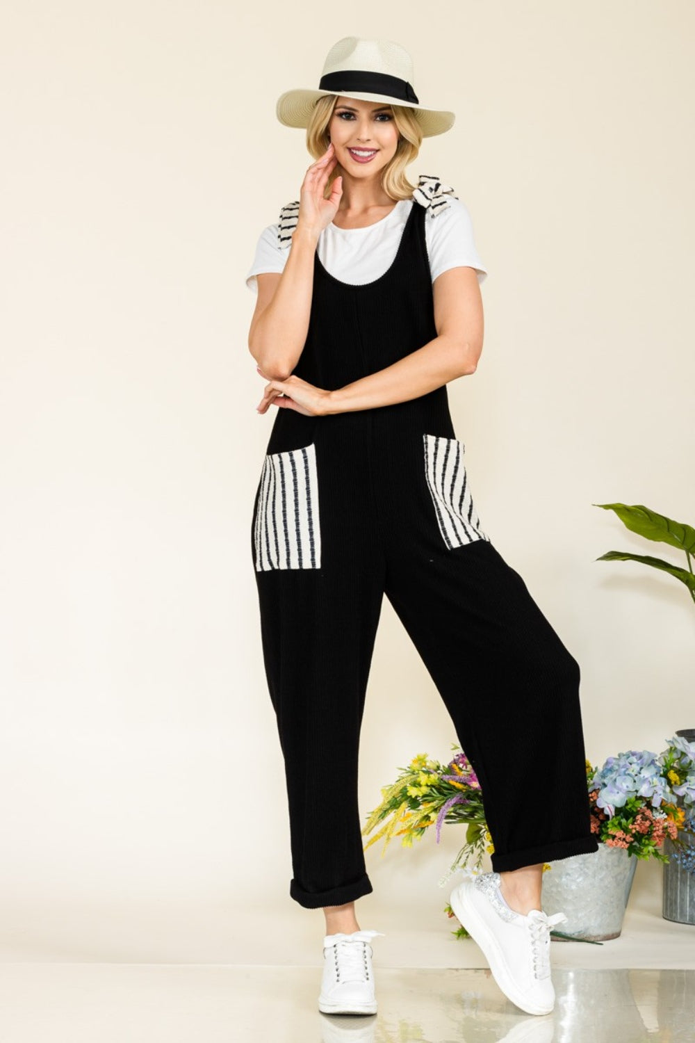 Celeste Full Size Stripe Contrast Pocket Rib Jumpsuit - AllIn Computer